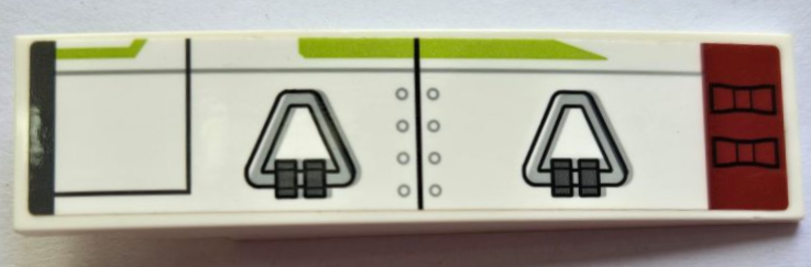 Slope, Curved 8 x 2 with Armor Plates, Rivets, Hatches, Dark Bluish Gray, Dark Red and Lime Stripes Pattern Model Left Side (Sticker) - Set 75342