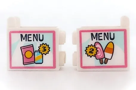 Container, Box 2 x 2 x 2 with 'MENU', Ice Creams and Number 2, Snack Packet, Soda Pop Can and Number 3 Pattern on Both Sides (Stickers) - Set 41429