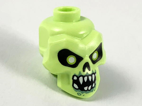 Minifigure, Head, Modified Skull with Black Eyes, Nose, Mouth, White Pupils, Teeth and Sand Green Around Mouth Pattern