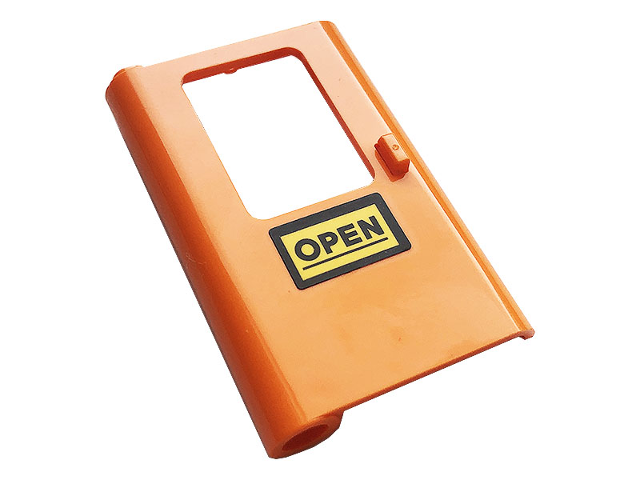 Door 1 x 4 x 5 Train Left, Thick Support at Bottom with Black 'OPEN' on Yellow Background Pattern (Sticker) - Set 60258