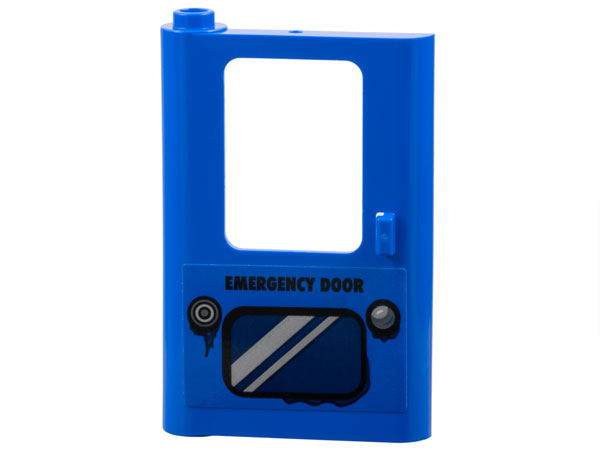 Door 1 x 4 x 5 Train Left, Thick Support at Bottom with Black 'EMERGENCY DOOR', Dark Blue Panel with Silver Stripes Pattern (Sticker) - Set 77073