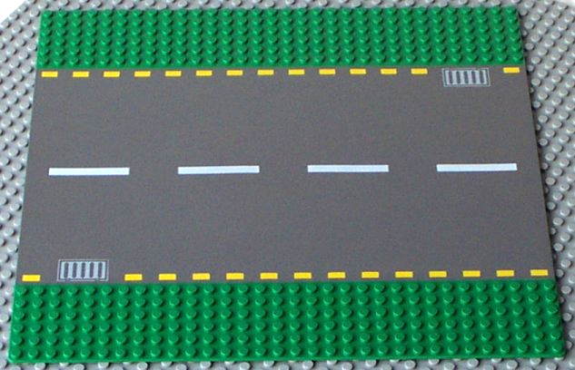Baseplate, Road 32 x 32 6-Stud Straight with Dark Gray Road, Yellow Dashed Lines, and Light Gray Storm Drains Pattern