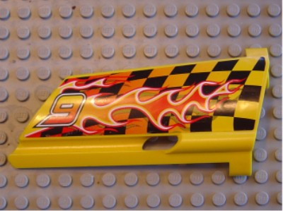 Technic, Panel Fairing #20 Large Long, Small Hole, Side A with '9' and Flame Pattern (Sticker) - Set 8376
