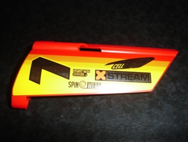 Technic, Panel Fairing #20 Large Long, Small Hole, Side A with Chrome '7' and Racing Logos on Orange and Yellow Pattern (Sticker) - Set 8146