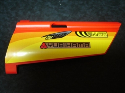 Technic, Panel Fairing #20 Large Long, Small Hole, Side A with Racing Logos on Orange and Yellow Pattern (Sticker) - Set 8146