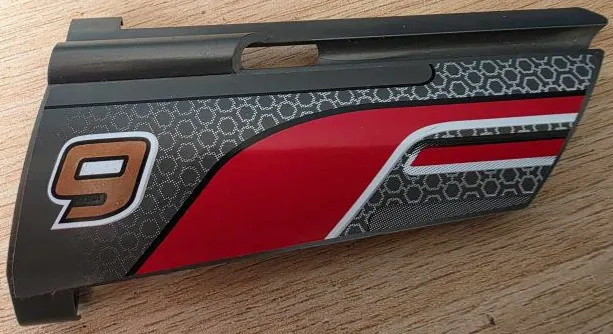 Technic, Panel Fairing #20 Large Long, Small Hole, Side A with Number 9, Curved Red Stripe, Black and White Lines Pattern (Sticker) - Set 8366