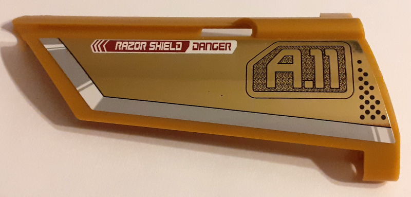 Technic, Panel Fairing #21 Large Long, Small Hole, Side B with 'RAZOR SHIELD DANGER' and 'A.11' Pattern (Sticker) - Set 7714