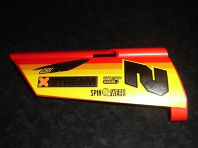 Technic, Panel Fairing #21 Large Long, Small Hole, Side B with Chrome '2' and Racing Logos on Orange and Yellow Pattern (Sticker) - Set 8146