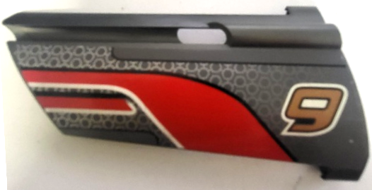 Technic, Panel Fairing #21 Large Long, Small Hole, Side B with Number 9, Curved Red Stripe, Black and White Lines Pattern (Sticker) - Set 8366