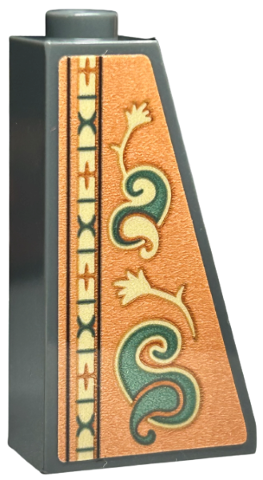Slope 75 2 x 1 x 3 - Hollow Stud with Wallpaper, Sand Green and Tan Swirls, Feathers and Ornamental Geometric Border on Orange Background Pattern (Sticker) - Set 40579
