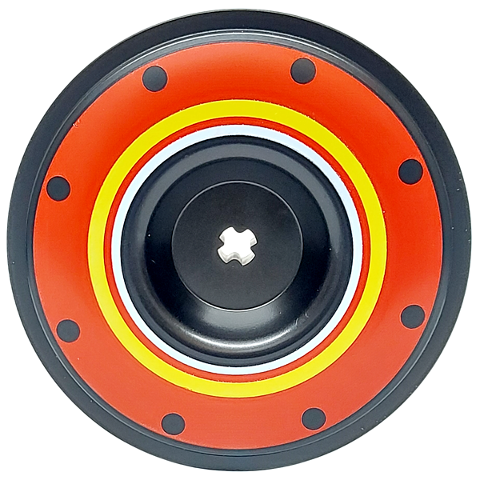 Wheel Cover Recessed with Axle Hole - 56mm for Wheel 15038 with Dots and White and Yellow Rings on Red Background Pattern