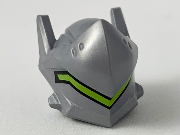 Minifigure, Headgear Helmet with Raised Visor, Long Ears and Hole in Back with Long Angular Lime Stripe Pattern