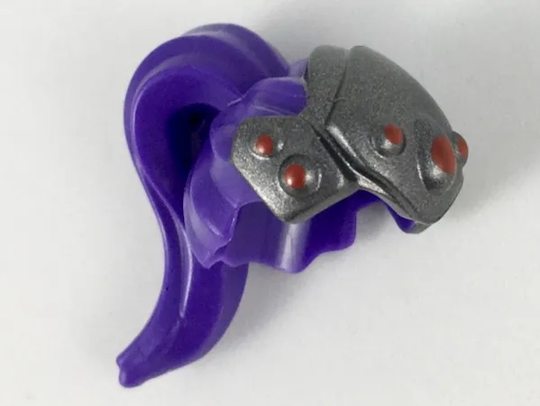 Minifigure, Hair Combo, Hair with Headpiece, Pulled Back with Ponytail, Pearl Dark Gray Headpiece with 7 Red Circles Pattern