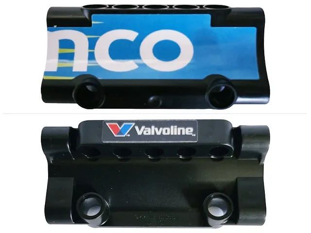 Technic, Panel Inverted 7 x 3 with 2 Pin Holes through Panel Surface with White 'nco' (aramco) on Dark Azure Background on Outside and 'Valvoline' on Inside Pattern Model Left Side (Stickers) - Set 42240