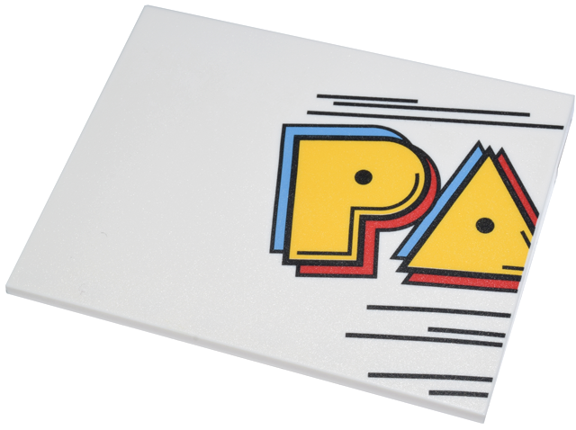 Slope 10 6 x 8 with PAC-MAN Sign Left Piece, Yellow, Medium Blue, and Red 'PA' and Black Lines Pattern