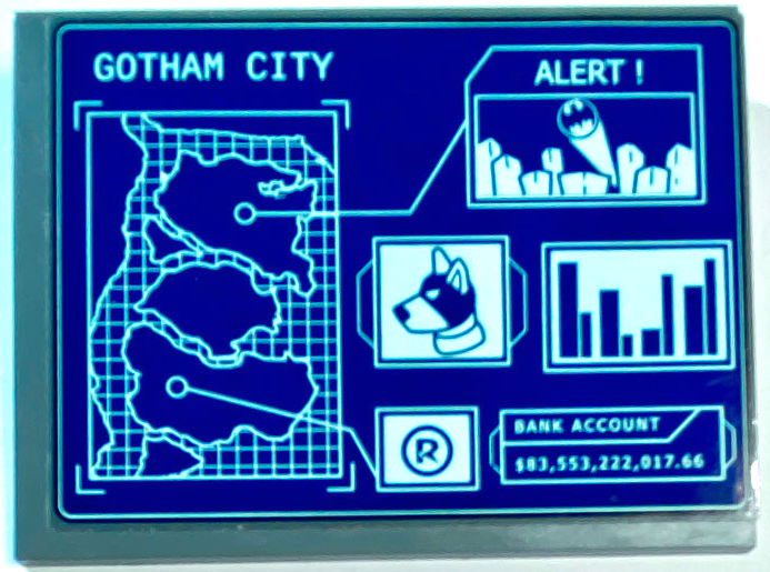 Slope 10 6 x 8 with Display Screen with Map, 'GOTHAM CITY', 'ALERT!', 'BANK ACCOUNT' and '$83,553,222,017.66' on Blue Background Pattern (Sticker) - Set 76122