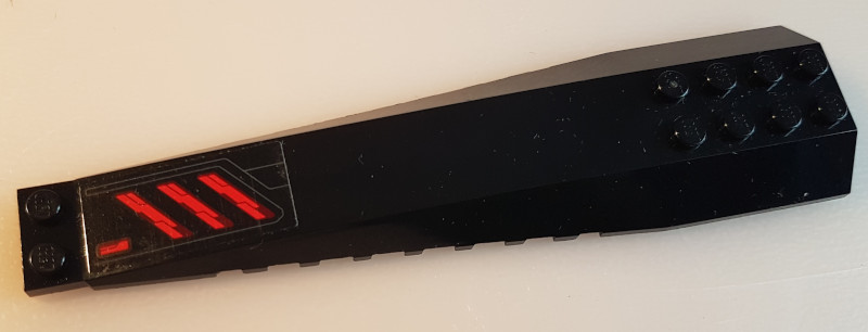 Wedge 16 x 4 Triple Curved with Reinforcements with Red Diagonal Stripes and Bent Dark Bluish Gray Lines Pattern Model Left Side (Sticker) - Set 76087