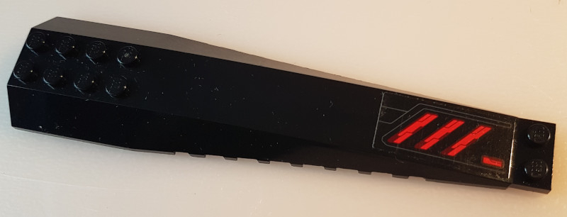 Wedge 16 x 4 Triple Curved with Reinforcements with Red Diagonal Stripes and Bent Dark Bluish Gray Lines Pattern Model Right Side (Sticker) - Set 76087