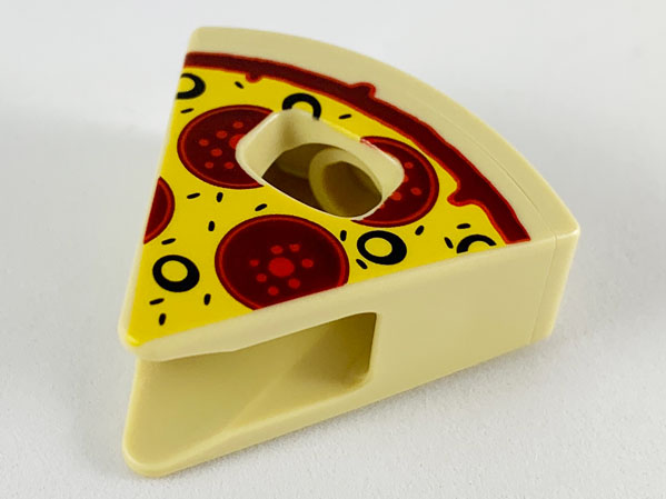 Minifigure, Headgear Head Cover, Costume Wedge Slice with Pizza with Yellow Cheese, Black Olives, and Dark Red Pepperoni Pattern