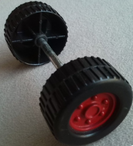 Duplo Wheel with Tread (30mm diameter) Double Assembly with Metal Axle (40mm) and Dark Red Classic Hub Pattern