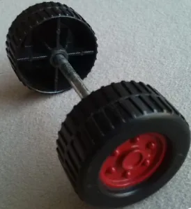 Duplo Wheel with Tread (30mm diameter) Double Assembly with Metal Axle (40mm) and Dark Red Classic Hub Pattern