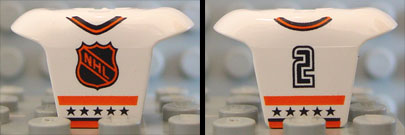 Minifigure Hockey Body Armor with Orange and Black NHL Logo, Stars, Stripes, Collar, and Number 2 Pattern