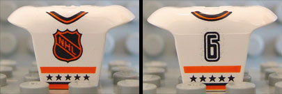 Minifigure Hockey Body Armor with Orange and Black NHL Logo, Stars, Stripes, Collar, and Number 6 Pattern