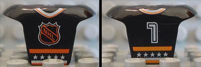 Minifigure Hockey Body Armor with Orange and White NHL Logo, Stars, Stripes, Collar, and Number 7 Pattern