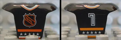 Minifigure Hockey Body Armor with Orange and White NHL Logo, Stars, Stripes, Collar, and Number 7 Pattern