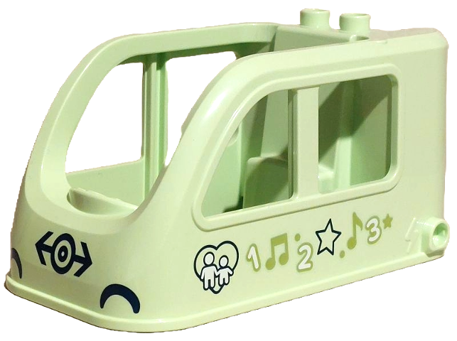 Duplo, Train Locomotive Cabin 4 x 8 x 3 1/2 with 2 Studs on Top Back with Dark Blue Train Logo and Headlights, White Numbers 1, 2, 3 and Figures in Heart, Lime Music Notes, Stars and Dots Pattern