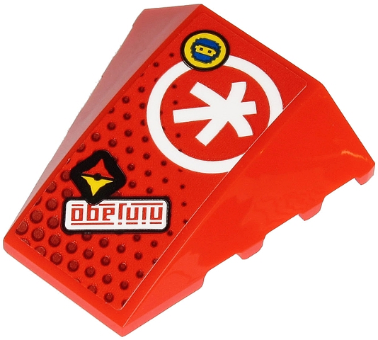 Wedge 4 x 4 Triple Curved No Studs with Red 'ninjago', White Ninjago K Symbol in Circle and Face on Yellow Circle Pattern (Sticker) - Set 71707