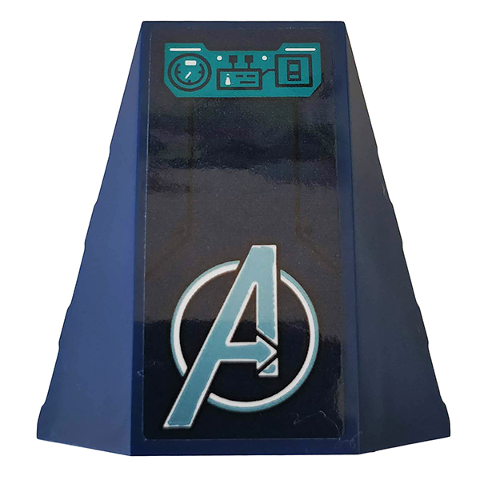Wedge 4 x 4 Triple Curved No Studs with Metallic Light Blue Avengers Logo and Turquoise Control Panel with Speedometer and Switches Pattern (Sticker) - Set 76142