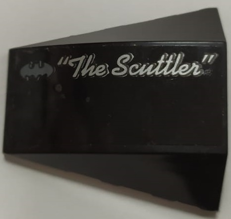 Wedge 4 x 4 Triple Curved No Studs with Batman Logo, Silver Script '"The Scuttler"' Pattern Model Left Side (Sticker) - Set 70908