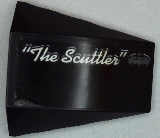 Wedge 4 x 4 Triple Curved No Studs with Batman Logo, Silver Script '"The Scuttler"' Pattern Model Right Side (Sticker) - Set 70908