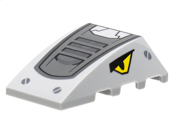 Wedge 4 x 4 Triple Curved No Studs with Dark Bluish Gray and Silver Armor, Screws, Yellow Eyes Pattern