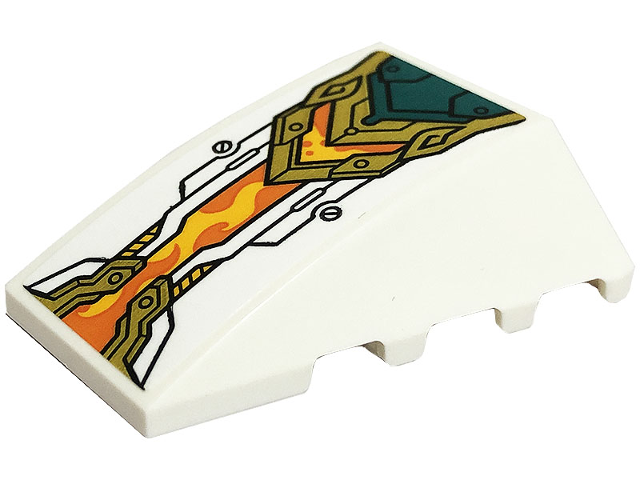 Wedge 4 x 4 Triple Curved No Studs with Gold, White and Dark Turquoise Armor Plates, Screws and Bright Light Orange and Orange Flames Pattern (Sticker) - Set 80034