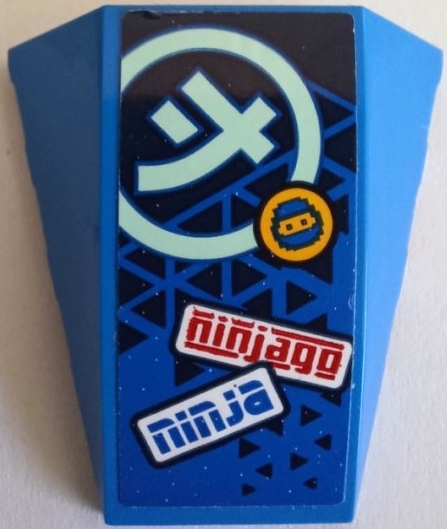 Wedge 4 x 4 Triple Curved No Studs with Red 'ninjago', Blue 'ninja', Light Aqua Ninjago Logogram Letter J in Circle, Dark Blue Triangles and Jay Head Pattern (Sticker) - Set 71709