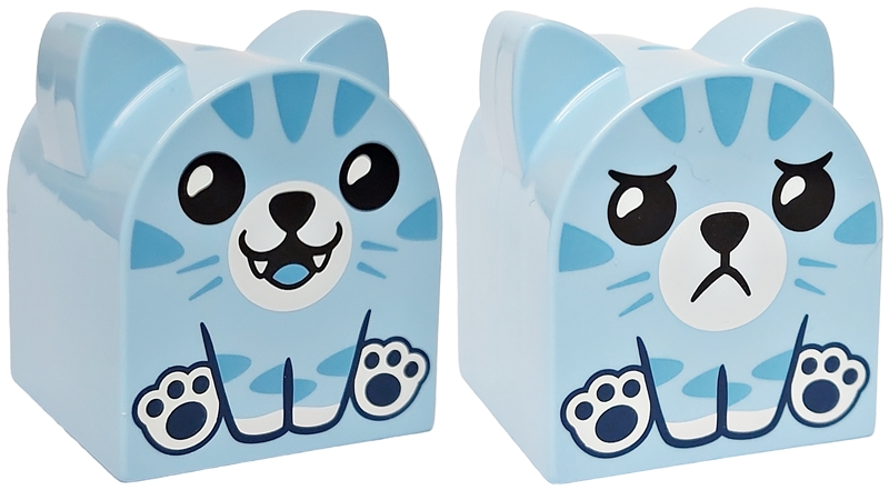 Duplo, Brick 2 x 2 x 2 Curved Top with Pointed Ears with Black Eyes, Nose, and Mouth, Medium Blue Stripes, White Face and Dark Blue Paws, Happy / Sad Pattern