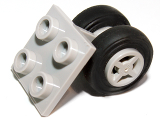 Plate, Modified 2 x 2 Thin with Dual Wheels Holder - Split Pins with Light Gray Wheels and Black Tires (4870 / 4624 / 3139)