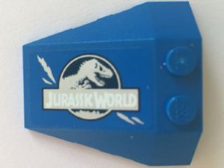Wedge 4 x 4 Triple with Stud Notches with Jurassic World Logo and Claw Scratch Marks on Blue Background Pattern Model Right Side (Sticker) - Set 75915