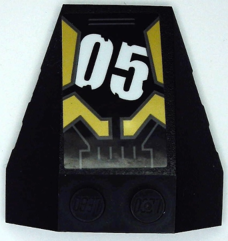 Wedge 4 x 4 Triple with Stud Notches with Gold Armor Plates with Dark Bluish Gray Outlines and White '05' Pattern Model Left Side (Sticker) - Set 71699