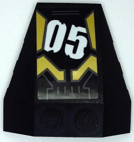 Wedge 4 x 4 Triple with Stud Notches with Gold Armor Plates with Dark Bluish Gray Outlines and White '05' Pattern Model Left Side (Sticker) - Set 71699