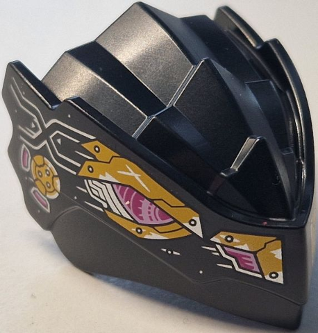 Dragon Head (Ninjago) with Stepped Top and Pin Hole on Back with Magenta and Bright Pink Mechanical Eyes and Nostrils, Bright Light Orange Worn Armor Plates, Silver Lines and Rivets Pattern