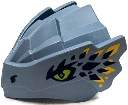 Dragon Head (Ninjago) with Stepped Top and Pin Hole on Back with Lime Eyes with Squared Pupils, Dark Blue and Bright Light Orange Scales Pattern