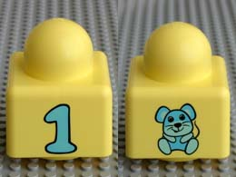 Primo Brick 1 x 1 with Number 1 and Mouse Pattern on Opposite Sides