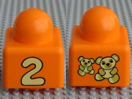 Primo Brick 1 x 1 with Number 2 and Teddy Bears Pattern on Opposite Sides