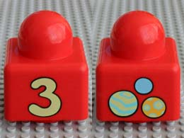Primo Brick 1 x 1 with Number 3 and Balls Pattern on Opposite Sides