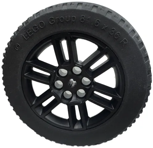 Wheel 56mm D. x 34mm Technic Racing Medium, 6 Pin Holes, Axle Hole, Open Spokes with Black Tire 81.6 x 36 R Technic Straight Tread (49294 / x1825)