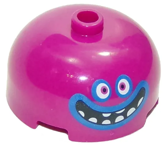 Brick, Round 3 x 3 x 1 1/3 Dome Top - Open Stud with Face, White Eyes and Teeth and Black Open Mouth Wide Smile with Blue Outlines Pattern