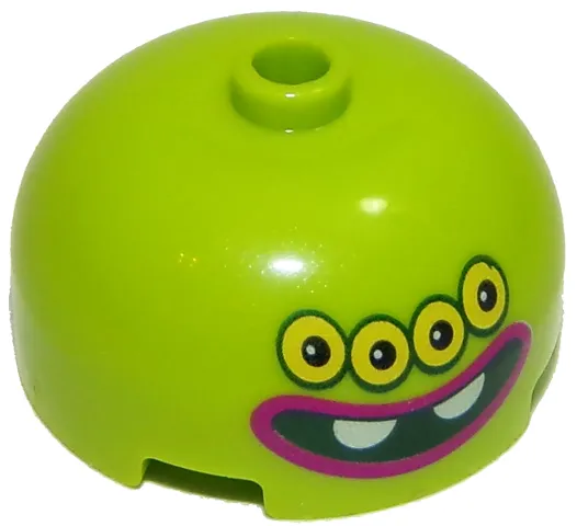 Brick, Round 3 x 3 x 1 1/3 Dome Top - Open Stud with Face, Four Yellow Eyes with Black Pupils and Outlines and Black Open Mouth Wide Smile with Two White Teeth and Magenta Outline Pattern